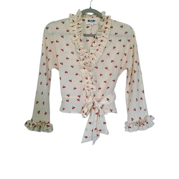 Rouje Tops - Rouje Paris Frou Frou Cherry Print Wrap Blouse Crepe Ruffle Top Cream Sz 34 US 2